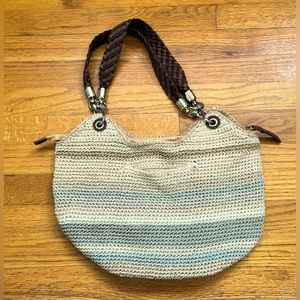 The Sak Knitted Purse with Tan/Blue Stripes & Leather Braided Straps Hobo Style